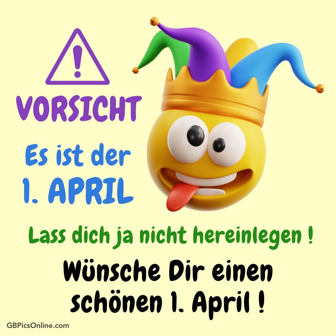 Lustiger Emoji mit Narrenkappe warnt vor dem 1. April