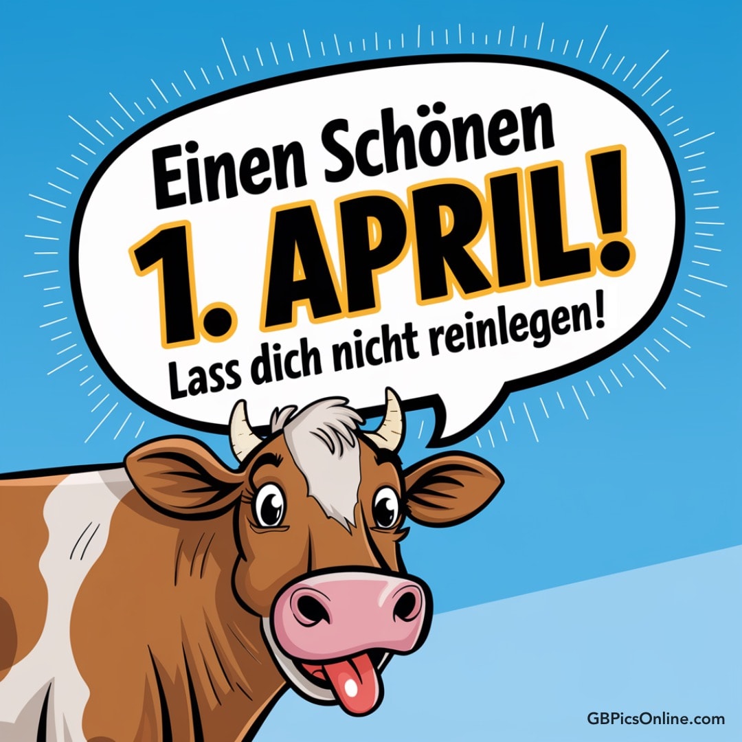 Eine Kuh wünscht einen schönen 1. April und rät, sich nicht reinlegen zu lassen