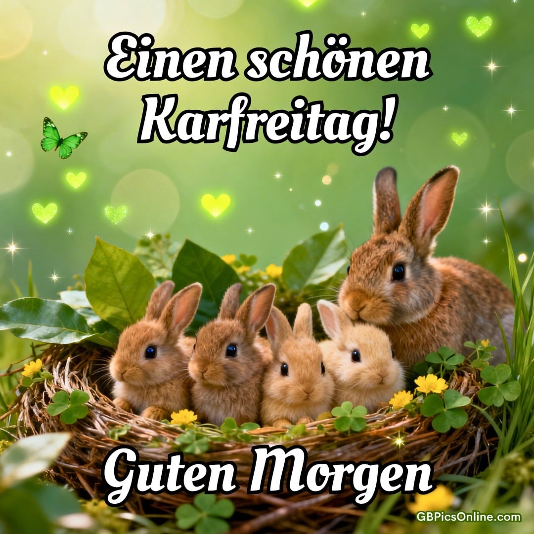 Hasenfamilie im Nest zwischen Klee und Blumen, mit Grüßen: „Einen schönen Karfreitag! Guten Morgen“