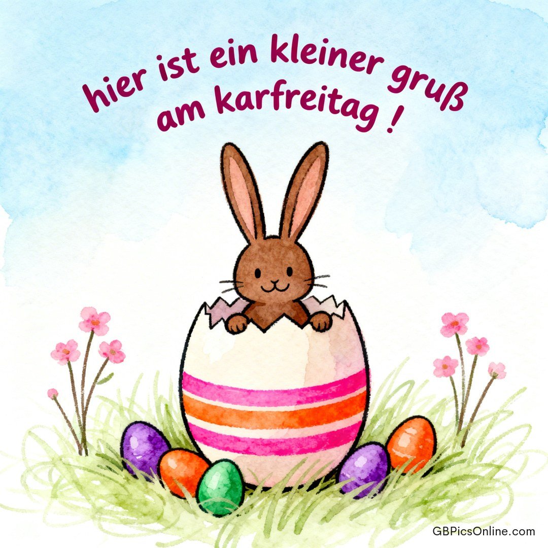 Aquarellhase im aufgebrochenen Osterei im Gras, umgeben von bunten Eiern und Blumen, blauer Himmel