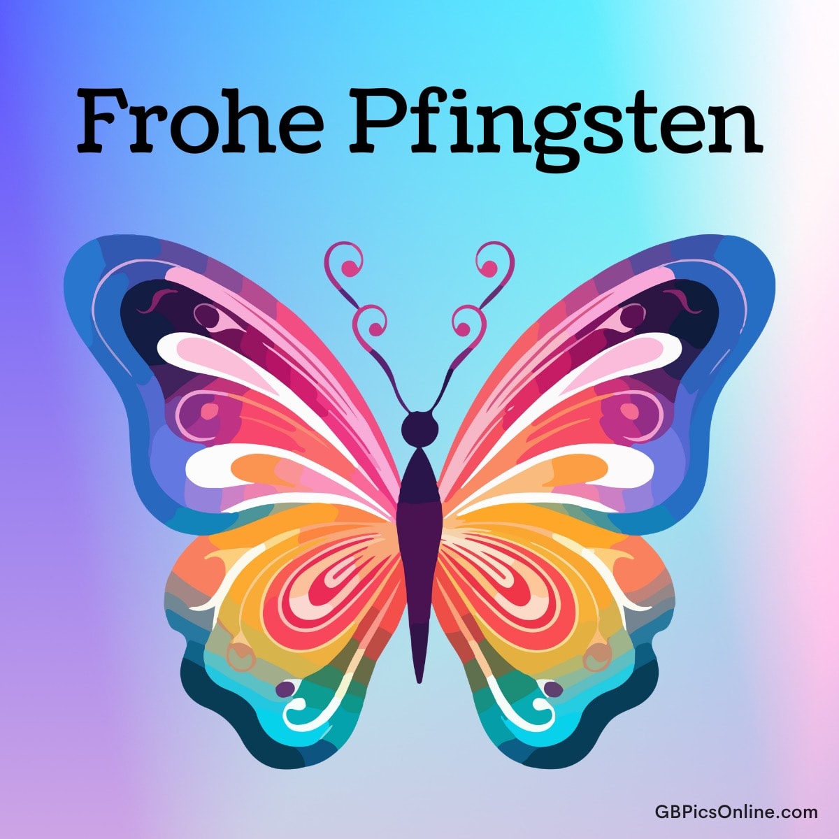 Bunter, stilisierter Schmetterling mit ausgebreiteten Flügeln vor blauem Hintergrund und dem Schriftzug „Frohe Pfingsten“