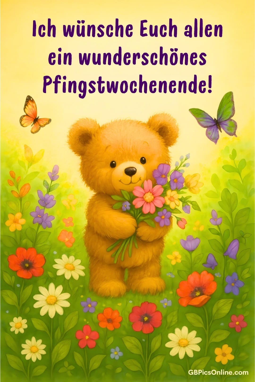 Ein gelber Teddybär hält bunte Blumen und wünscht ein schönes Pfingstwochenende