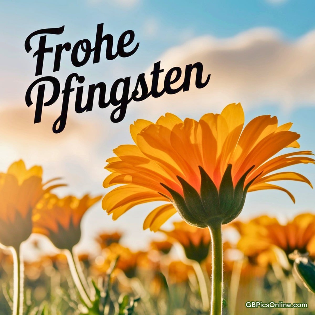 Nahaufnahme von orangen Blumen gegen den blauen Himmel, Text „Frohe Pfingsten“ darüber