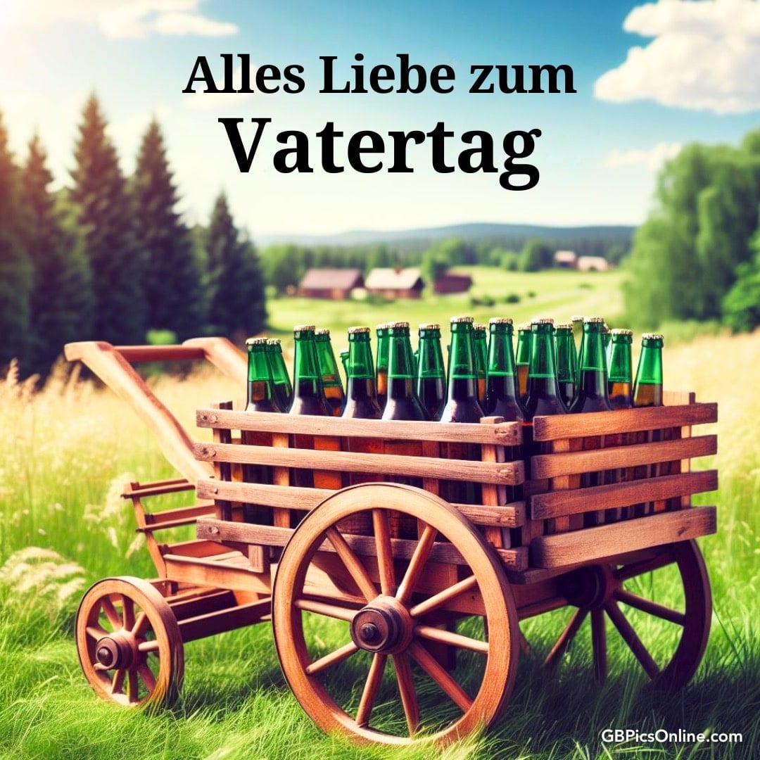 Holzwagen voll mit Bierflaschen und Wunsch „Alles Liebe zum Vatertag“ vor idyllischer Landschaft