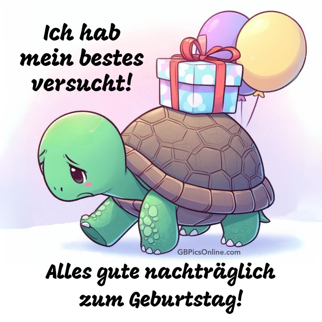 Eine traurige Schildkröte trägt ein Geschenk und Luftballons mit Geburtstagsgrüßen