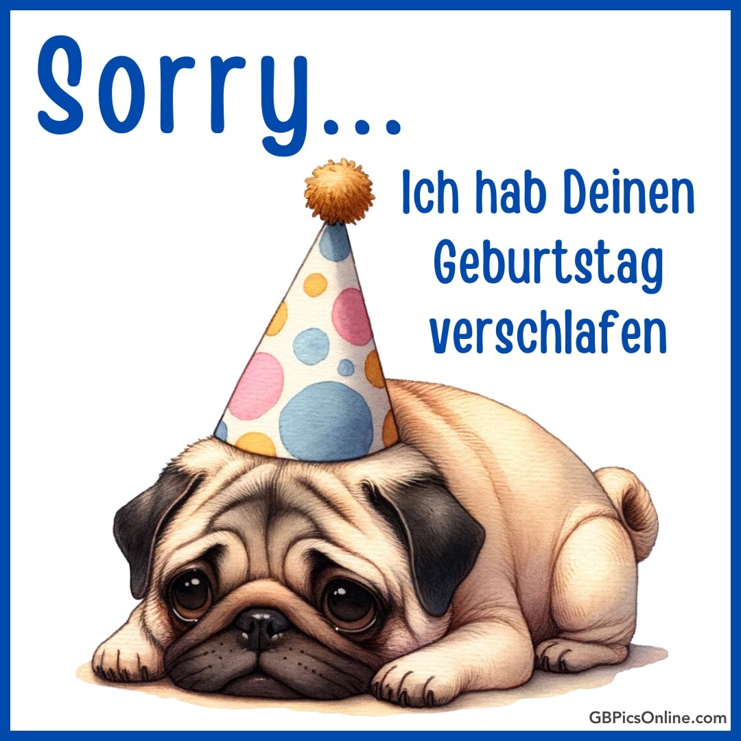 Ein Mops mit Partyhut und traurigem Blick, Text: „Sorry... Ich hab Deinen Geburtstag verschlafen.“