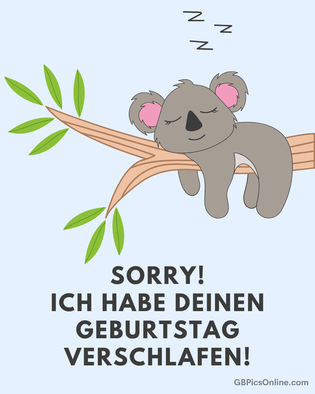 Ein schlafender Koala liegt auf einem Ast. Text: „Sorry! Ich habe deinen Geburtstag verschlafen!“