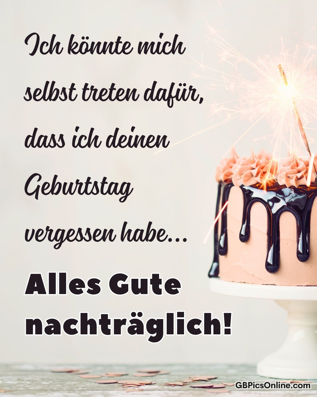 Geburtstagskuchen mit sahnigen Rosetten und Kerze, Wunsch nachträglicher Glückwünsche