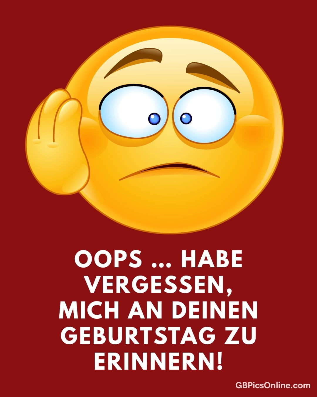 Ein gelbes Emoji hält das Ohr mit besorgtem Gesichtsausdruck, roter Hintergrund, Text unten