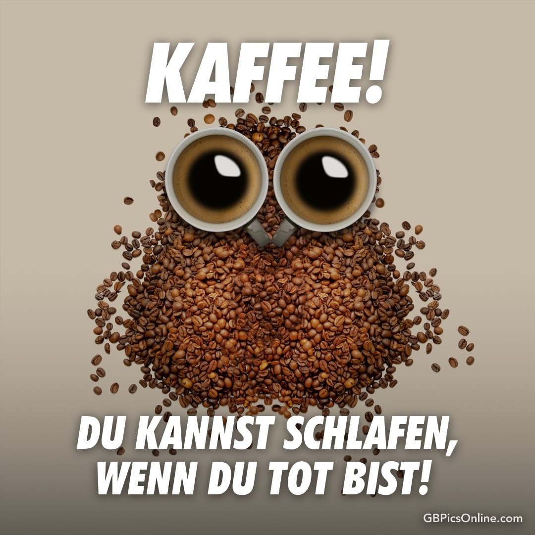 Kaffeebohnen formen eine Eule, Tassen als Augen. Text: „KAFFEE! DU KANNST SCHLAFEN, WENN DU TOT BIST!“