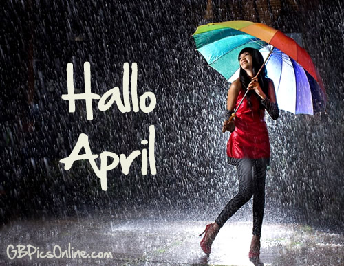 Frau mit buntem Regenschirm im Regen. Text: „Hallo April“