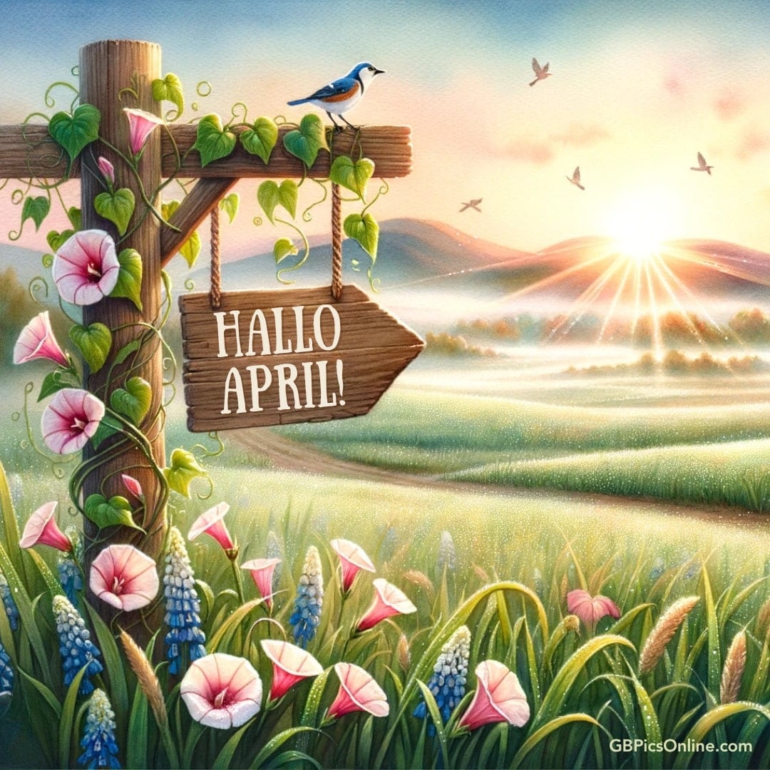 Ein Holzschild mit „Hallo April!“, umgeben von Blumen, einem Vogel und einer Morgenlandschaft