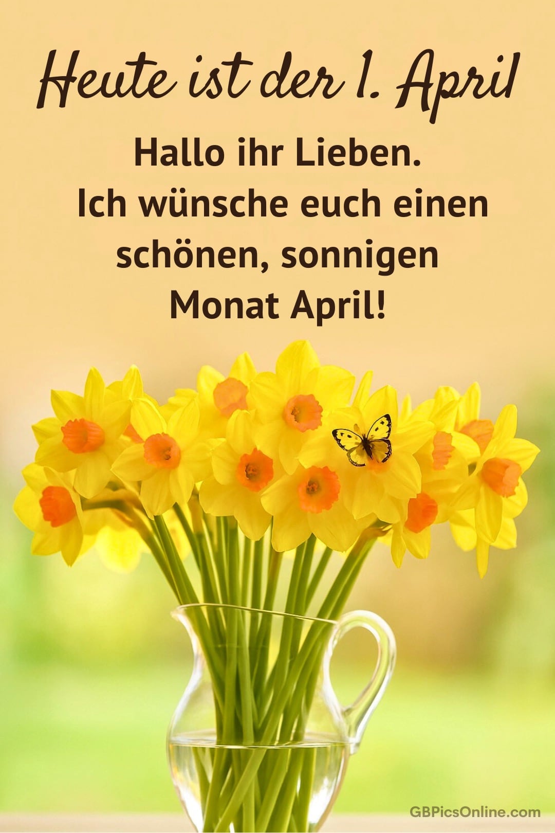 Gelbe Narzissen in einer Vase und Schmetterling, mit Frühlingsgrüßen für den April