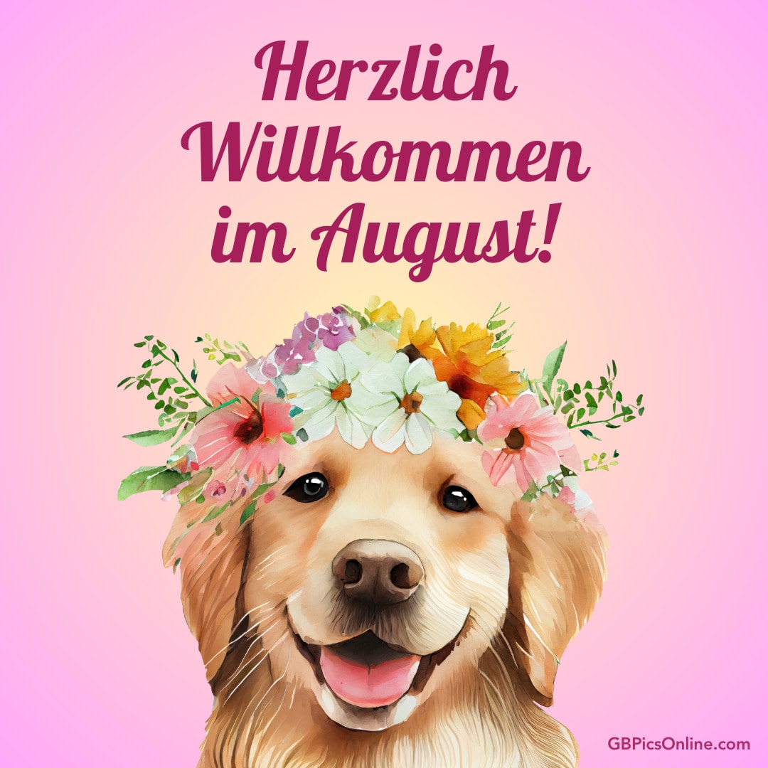 Ein Hund mit Blumenkranz. Text: Herzlich Willkommen im August!