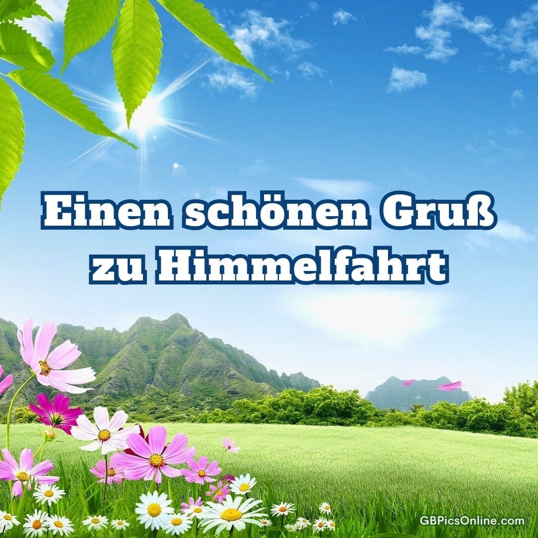 Blühende Wiesen mit Bergen, Text wünscht zu Himmelfahrt