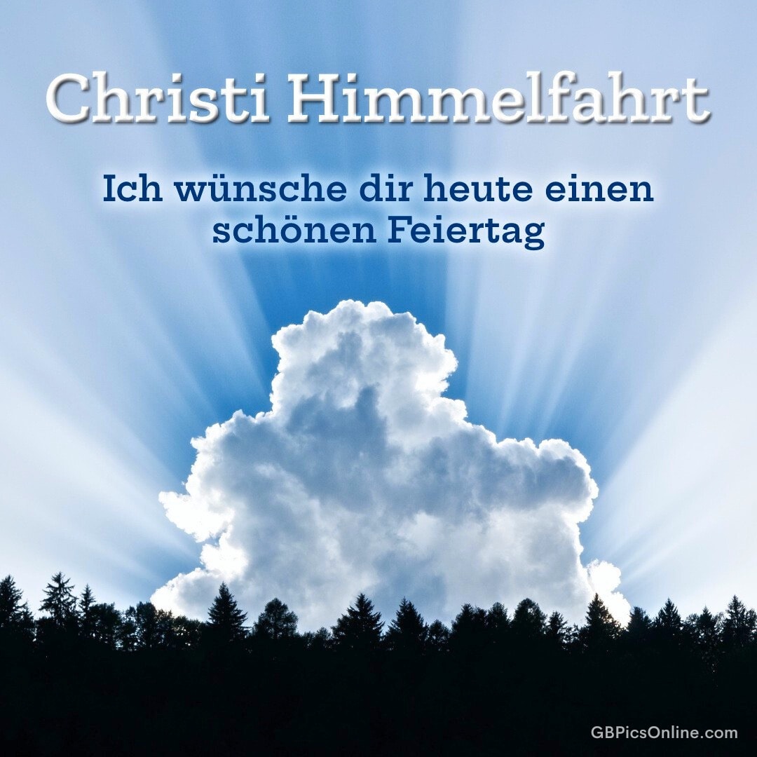 Himmelsansicht mit Wolken und Sonnenstrahlen, Text für Christi Himmelfahrt