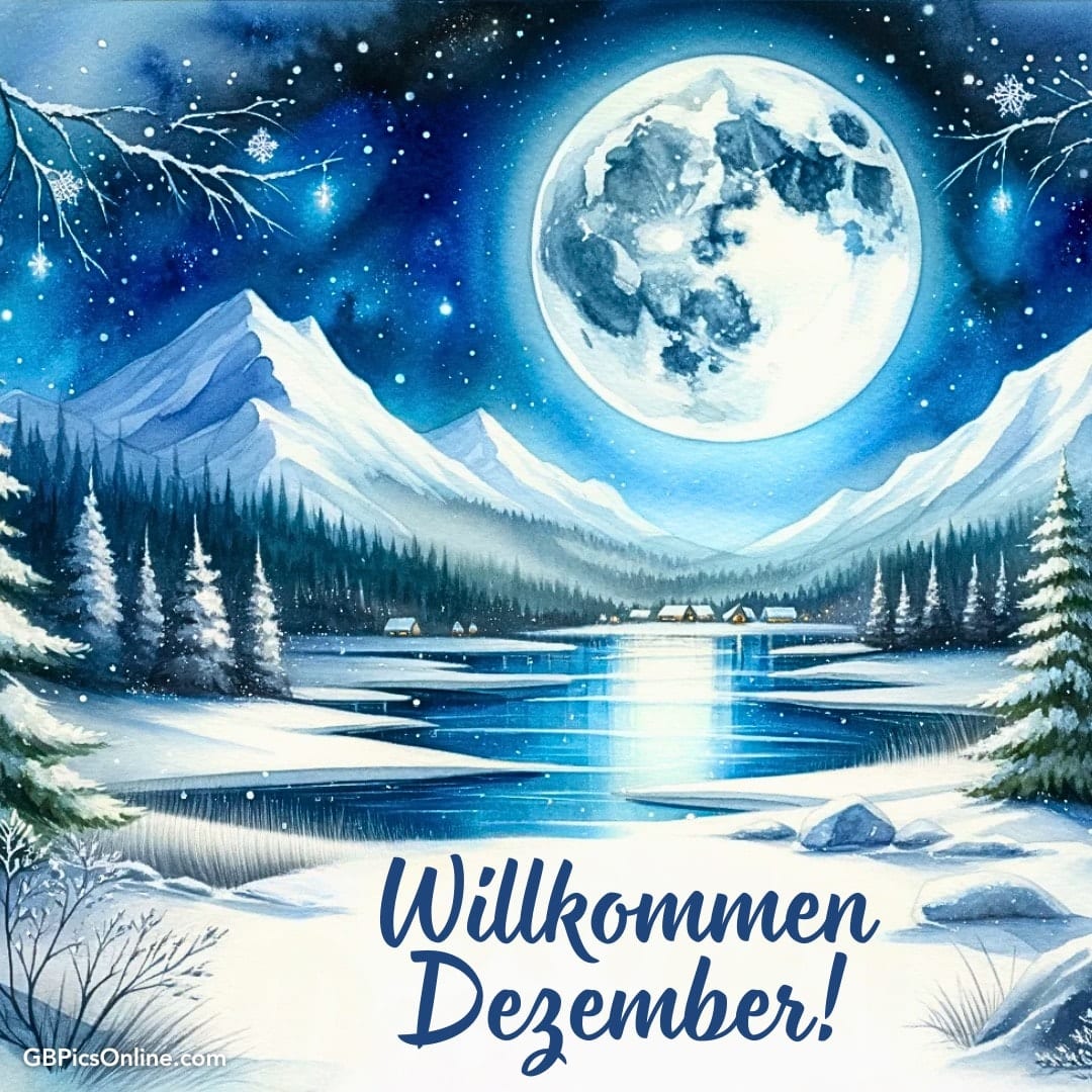 Mondlicht erleuchtet eine Winterlandschaft mit Bergen und Tannen. Text: Willkommen Dezember!