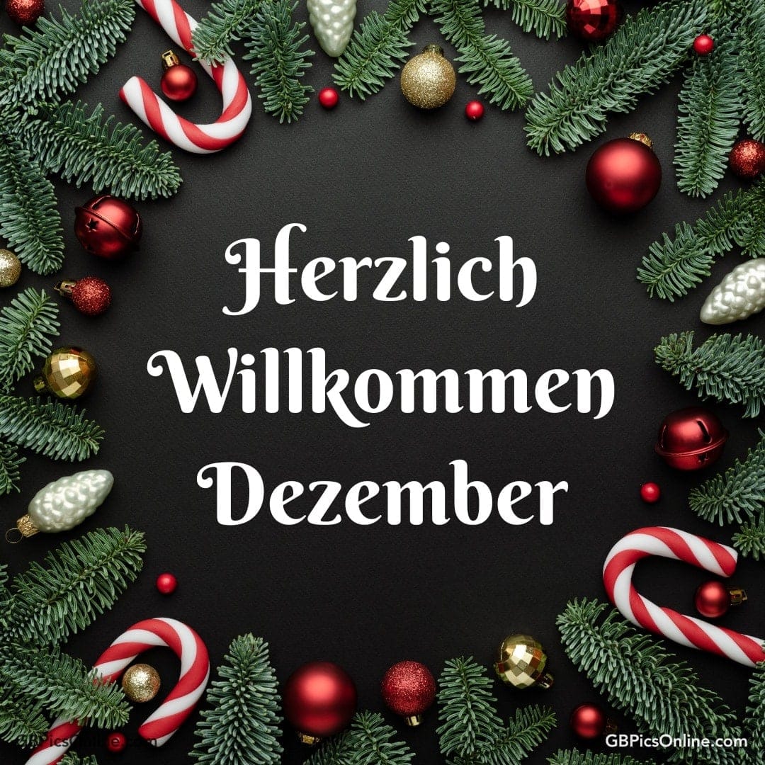 Text: “Herzlich Willkommen Dezember“, umgeben von Tannenzweigen und Süßigkeiten