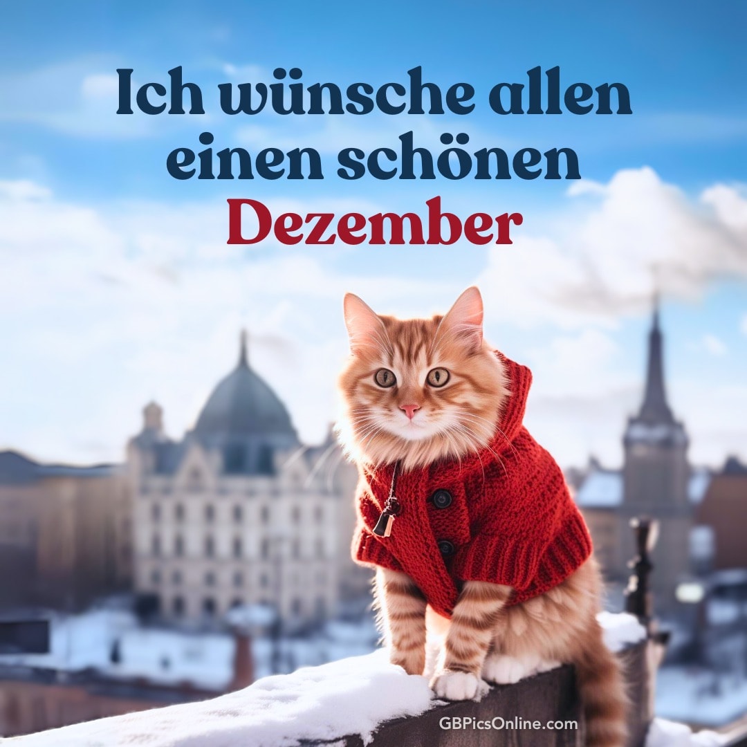 Eine Katze in einem roten Pullover mit winterlichem Stadthintergrund. Dezember Wünsche Text