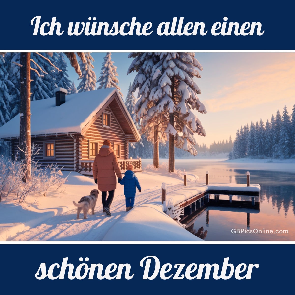 Winterlandschaft mit Hütte am See, Mutter und Kind mit Hund spazieren im Schnee, Text: „Ich wünsche allen einen schönen Dezember“