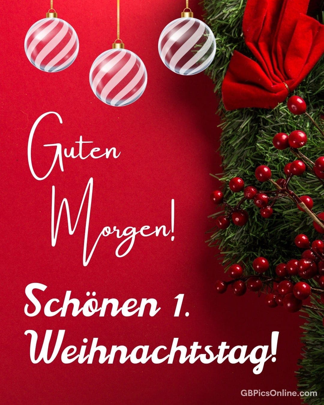 Rote Weihnachtskugeln und Tannengrün mit einem Weihnachtswunsch