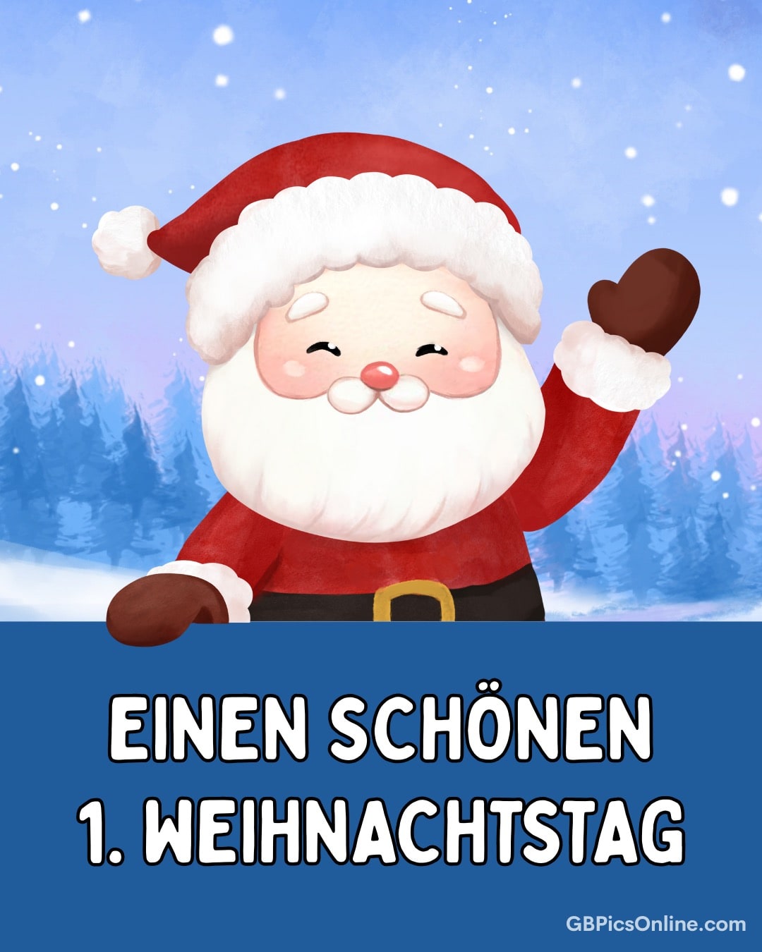 Ein fröhlicher Weihnachtsmann winkt in einer verschneiten Landschaft