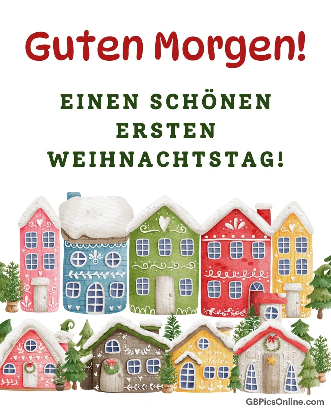 Bunte Weihnachtshäuser mit Schneehauben und einem Grüße-Text oben