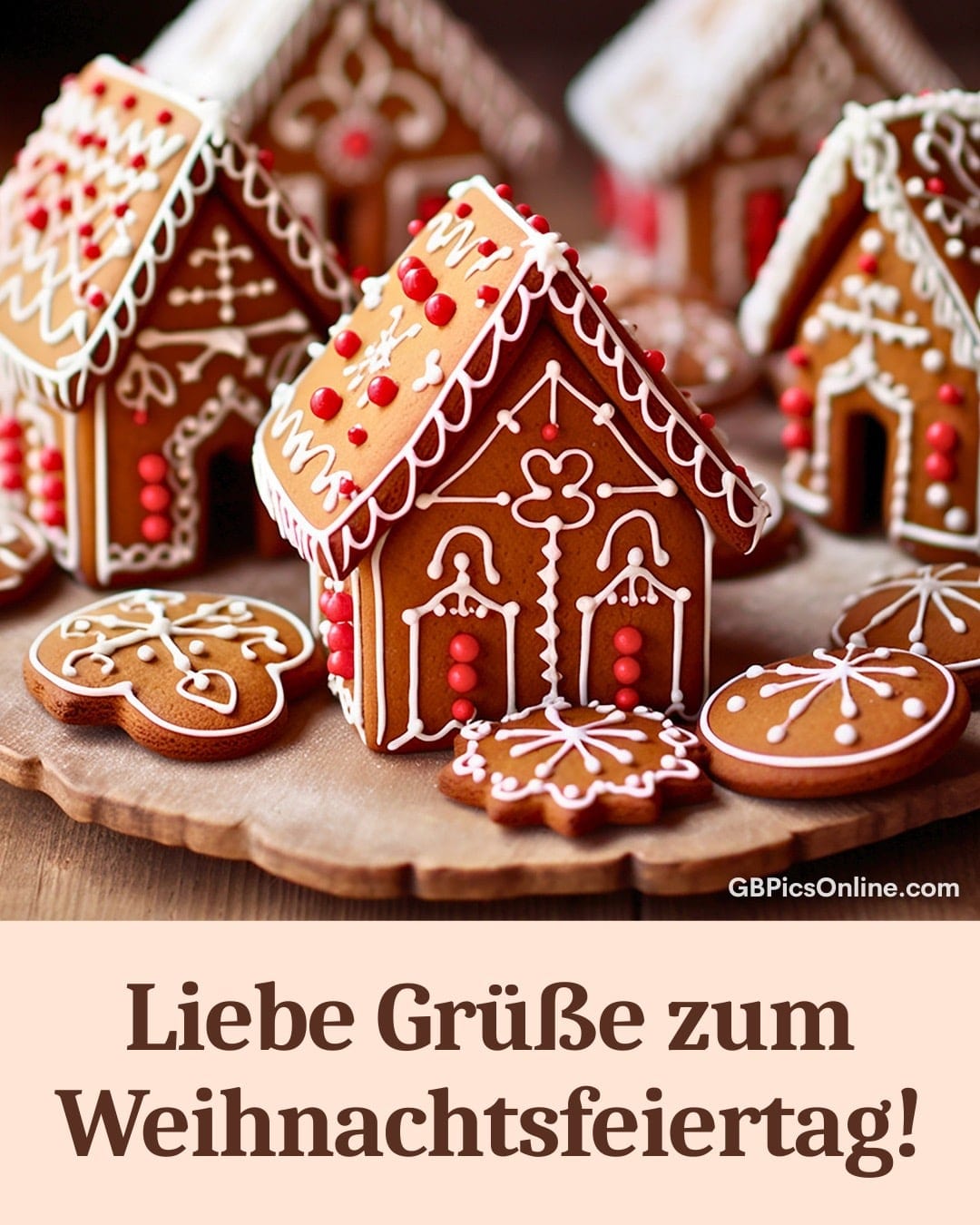 Lebkuchenhäuschen und Plätzchen mit Zuckerguss, dazu Schriftzug „Liebe Grüße zum Weihnachtsfeiertag!“