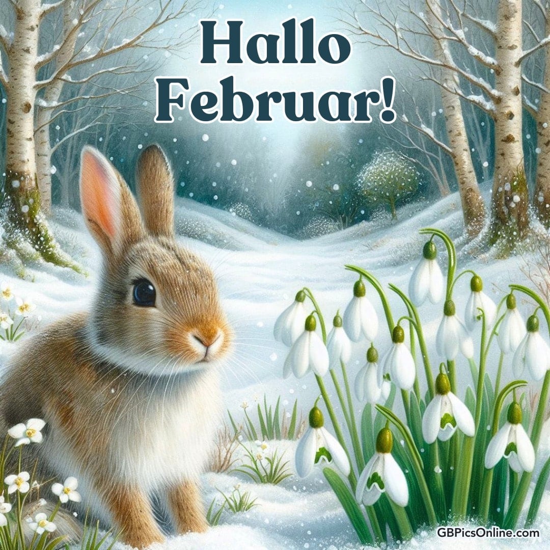 Ein Hase neben Schneeglöckchen mit „Hallo Februar!“ Text