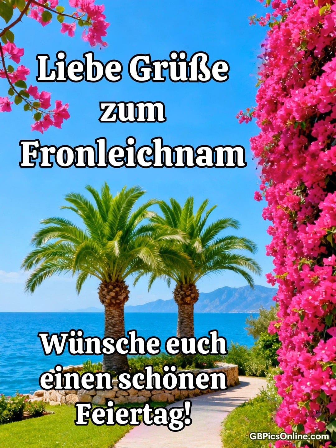 Blaue Meeresküste mit Palmen und pinken Blüten; Gruß zum Fronleichnam