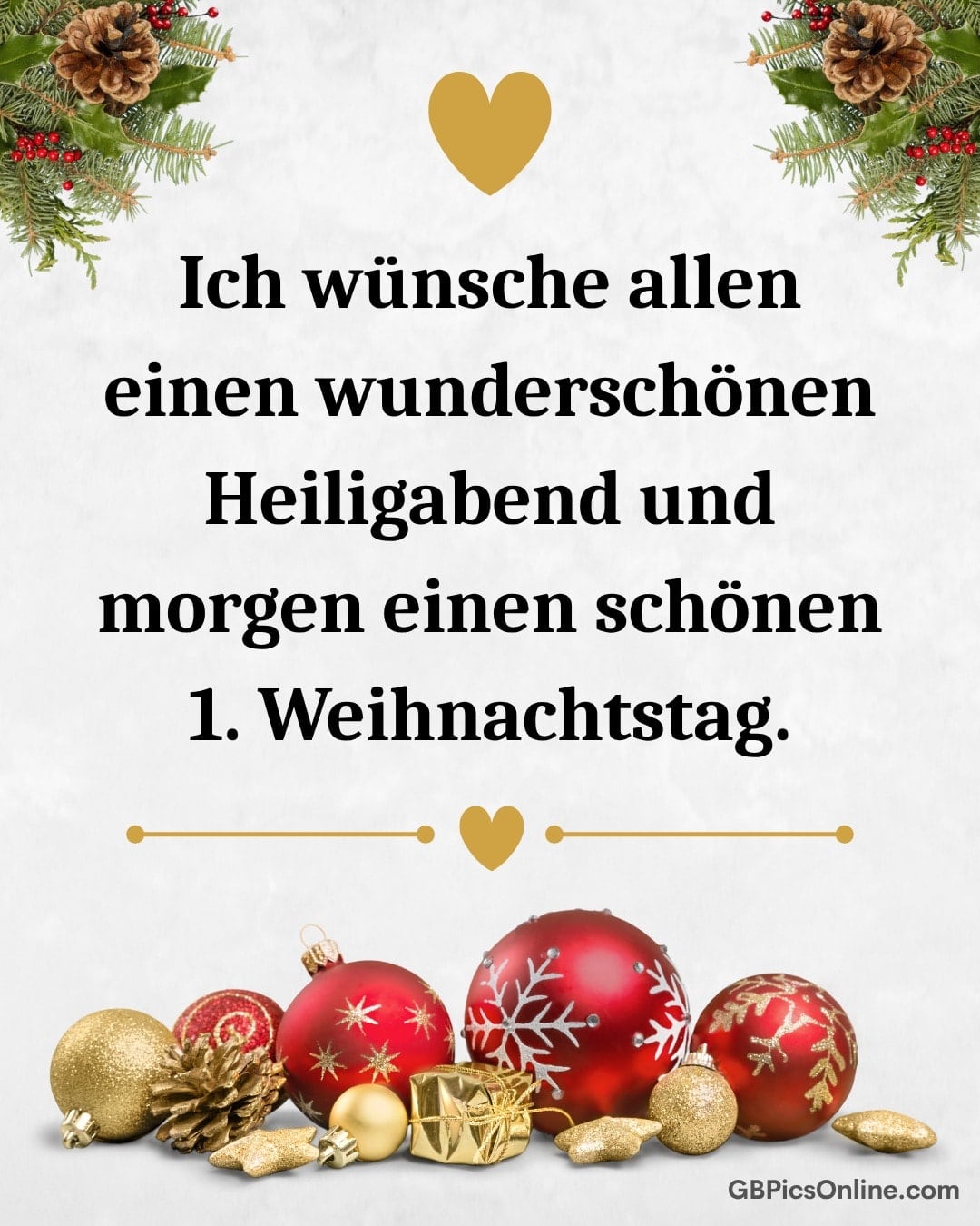Weihnachtswünsche mit golden-roten Kugeln, Tannenzweig und Herz