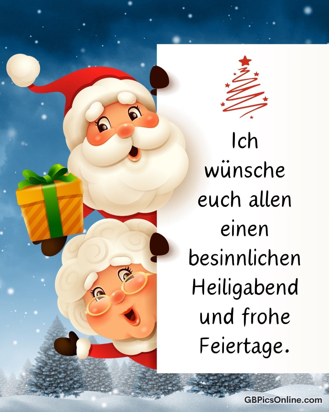 Santa und Frau Claus lächeln mit Geschenk und weihnachtlichen Grüßen