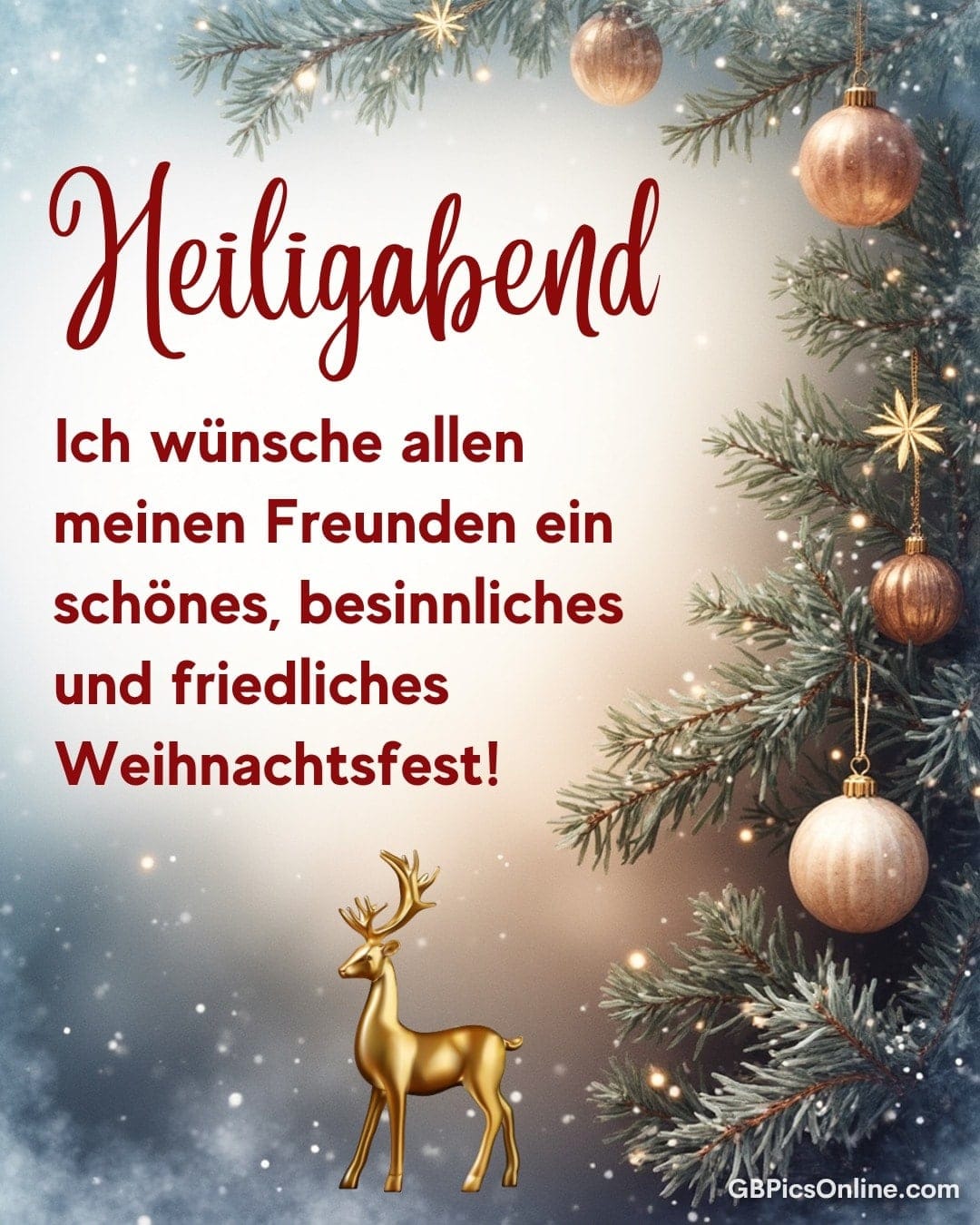 Weihnachtliche Tannenzweige mit Kugeln, goldenes Rentier und Text mit besinnlichen Weihnachtsgrüßen an Freunde