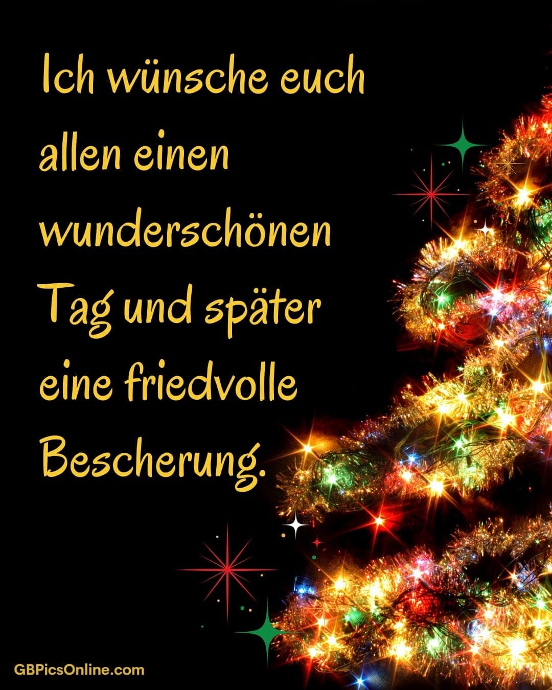 Buntes Weihnachtsbaum mit leuchtender Dekoration und festlichem Grußtext