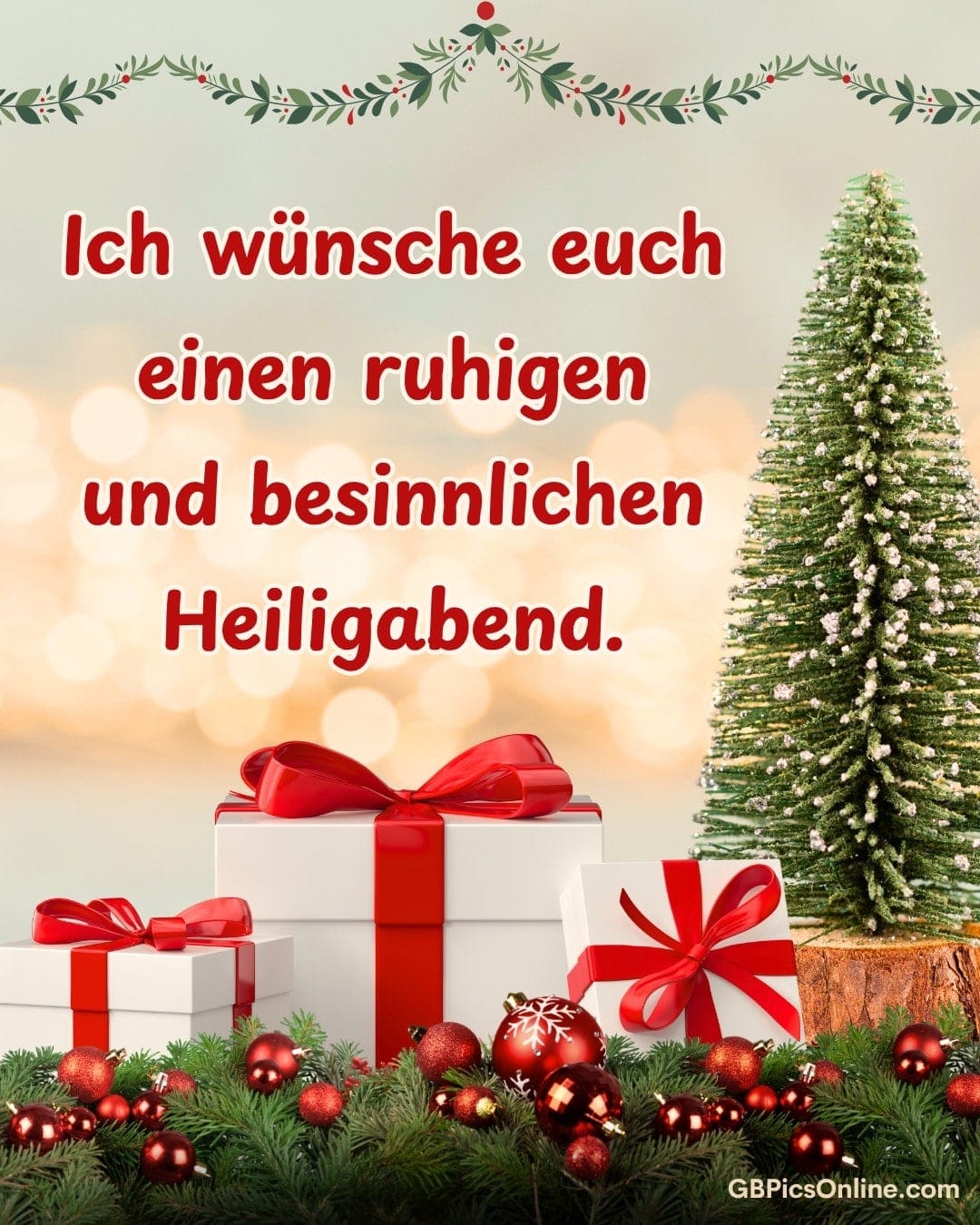 Weihnachtliches Motiv mit Tannenbaum, Geschenken und festlichem Grußtext