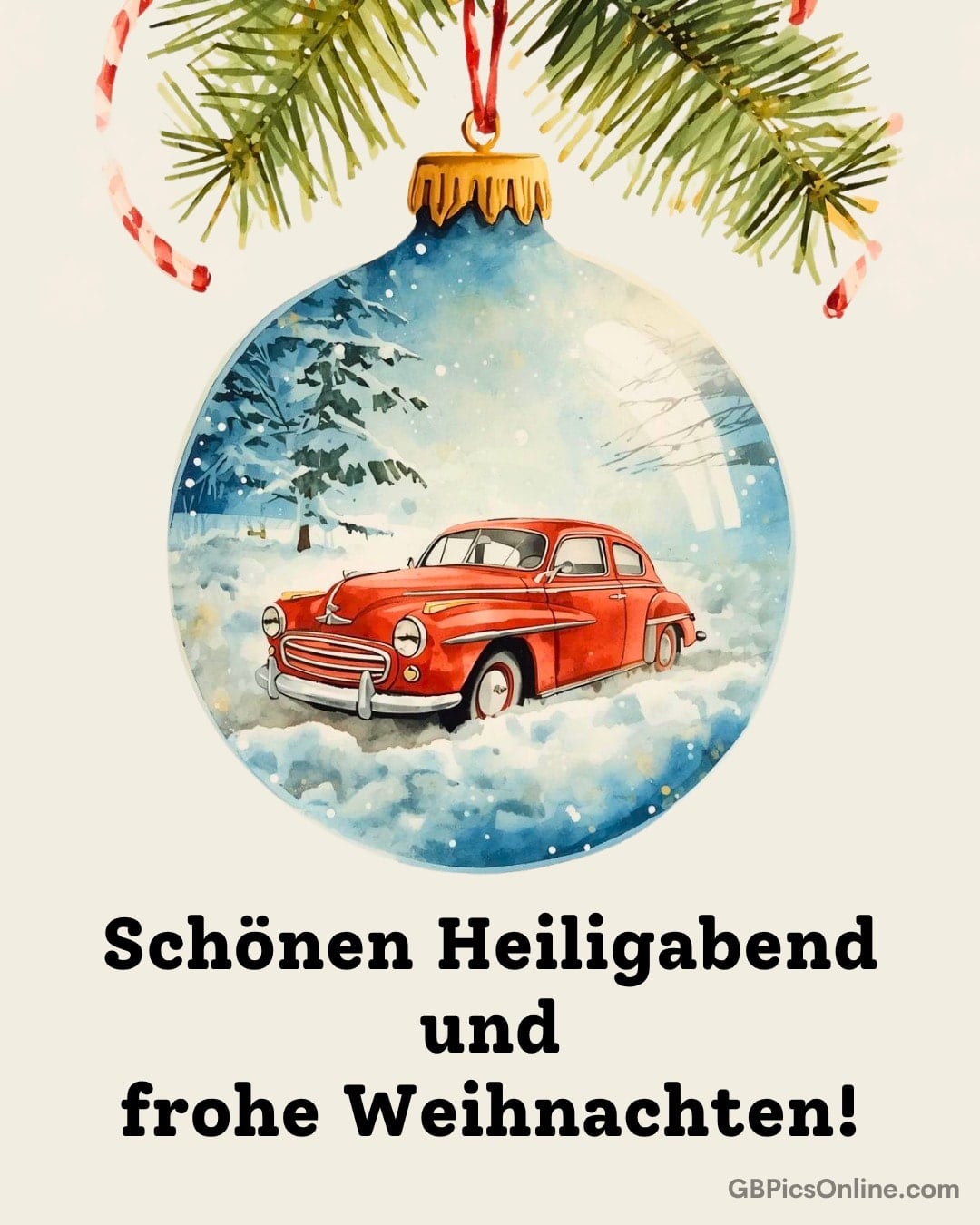 Winterlandschaft mit rotem Auto in einer Christbaumkugel, umgeben von Tannenzweigen