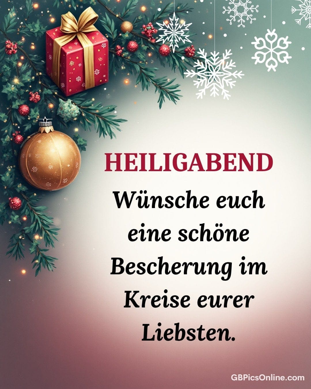 Weihnachtliche Grafik mit Tannenzweigen, Geschenk und Kugel, Text mit Neujahrswünschen