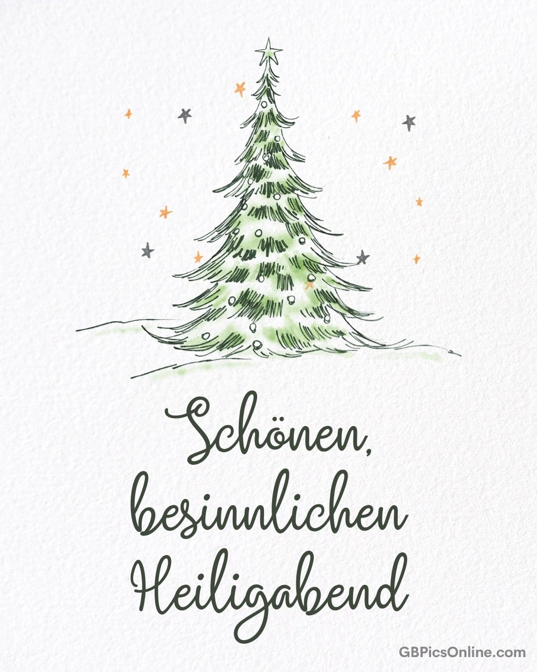 Handgezeichnete Tanne mit Sternen und dem Text „Schönen, besinnlichen Heiligabend“