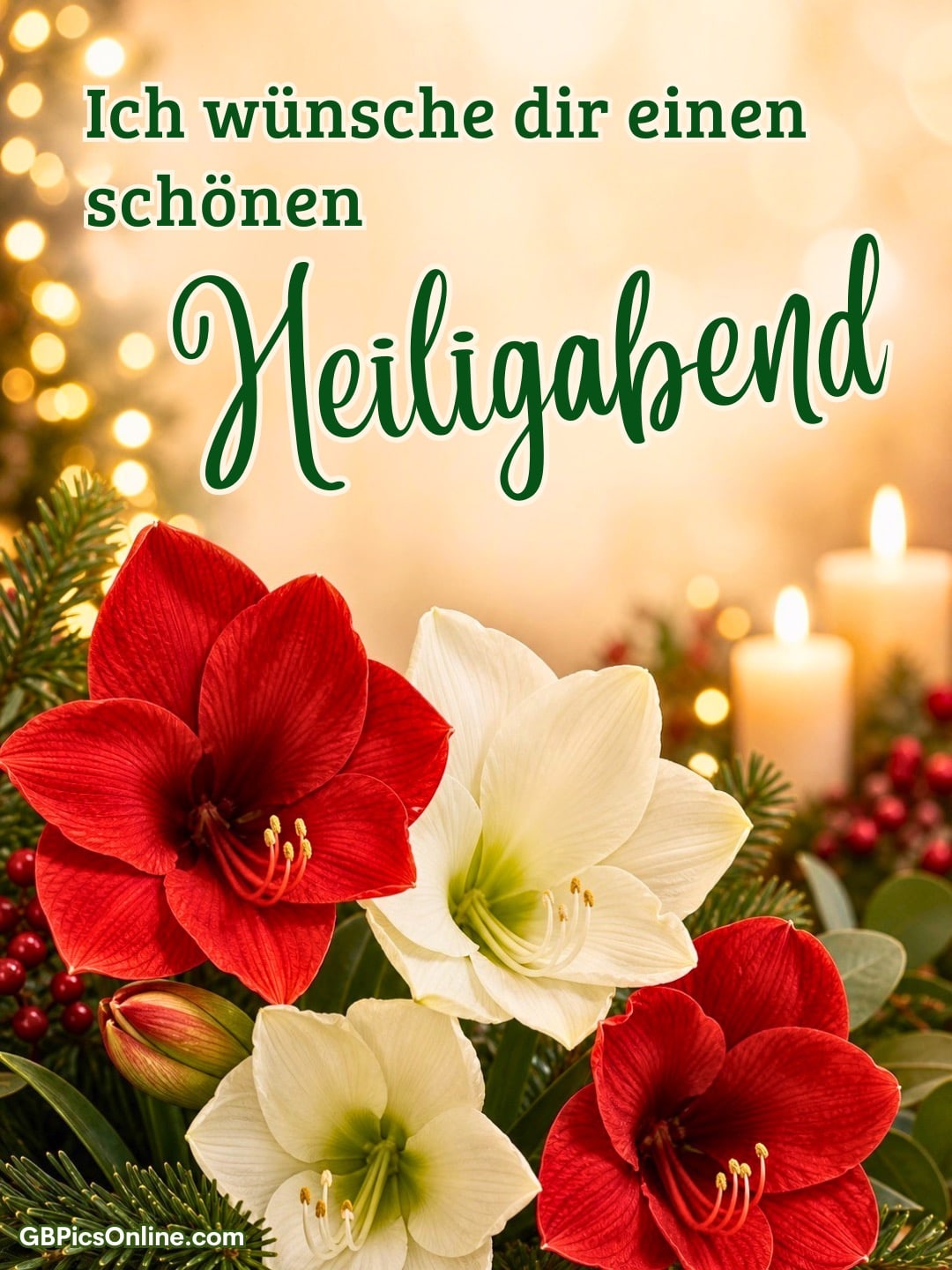 Weihnachtlicher Gruß mit roten und weißen Amaryllis, Kerzen und Lichterglanz im Hintergrund