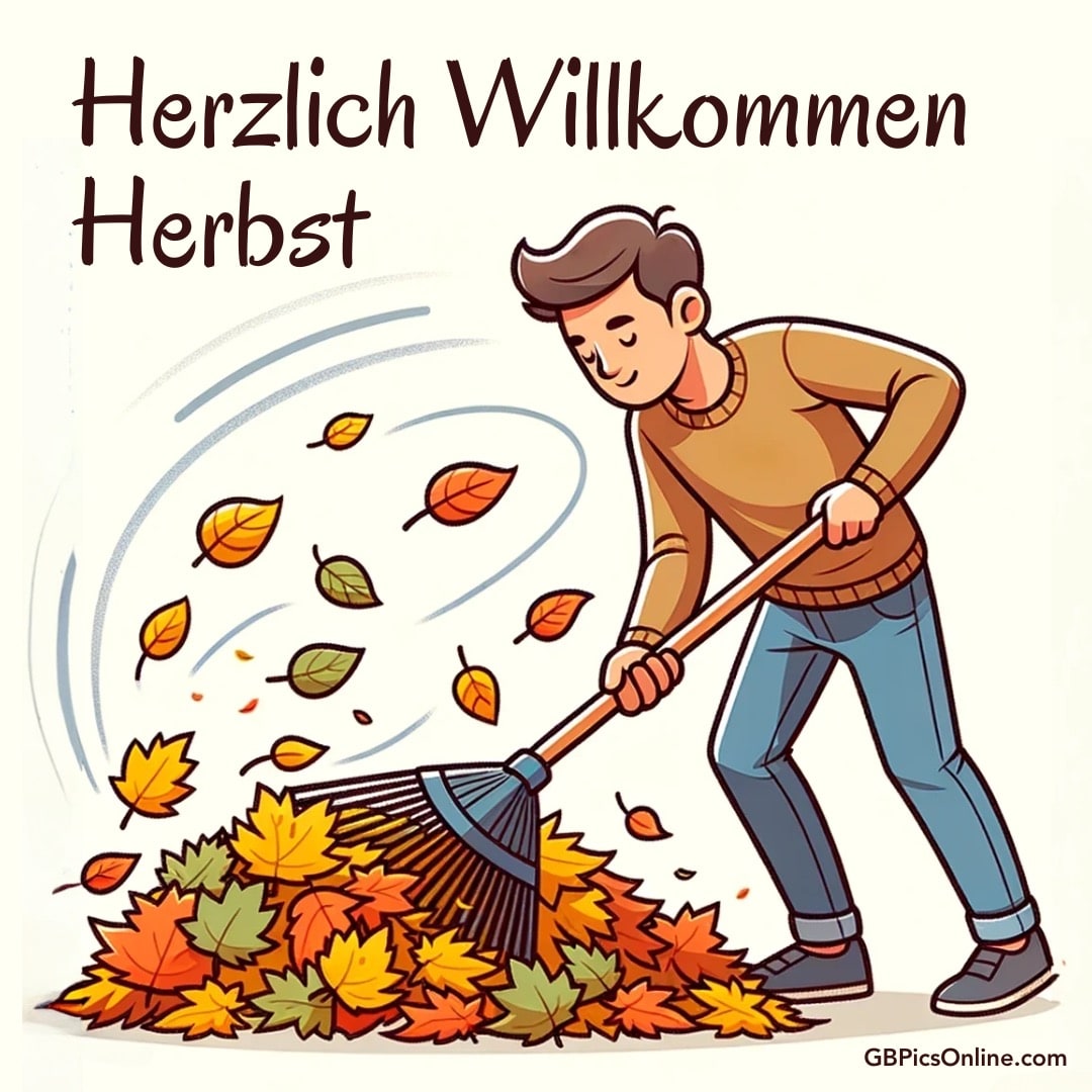 Ein Mann harkt Herbstlaub zusammen. Darüber steht „Herzlich Willkommen Herbst“. Bunte Blätter wirbeln um ihn herum