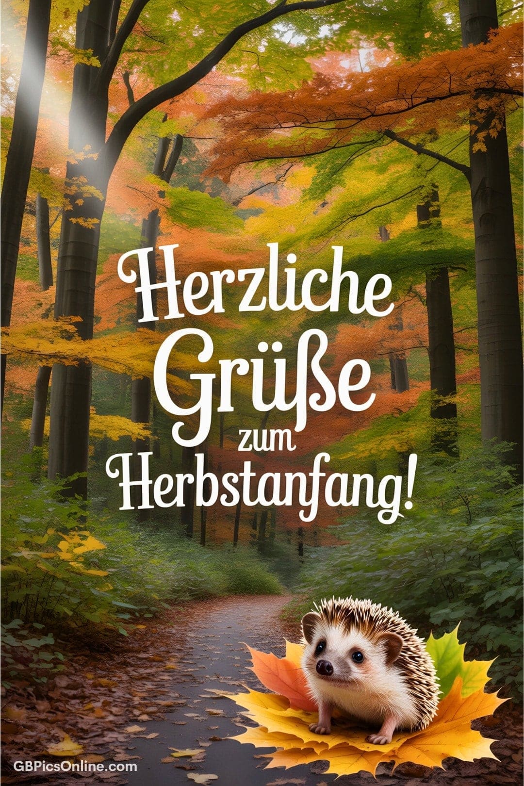 Ein Igel sitzt auf einem Herbstblatt in einem bunten Wald
