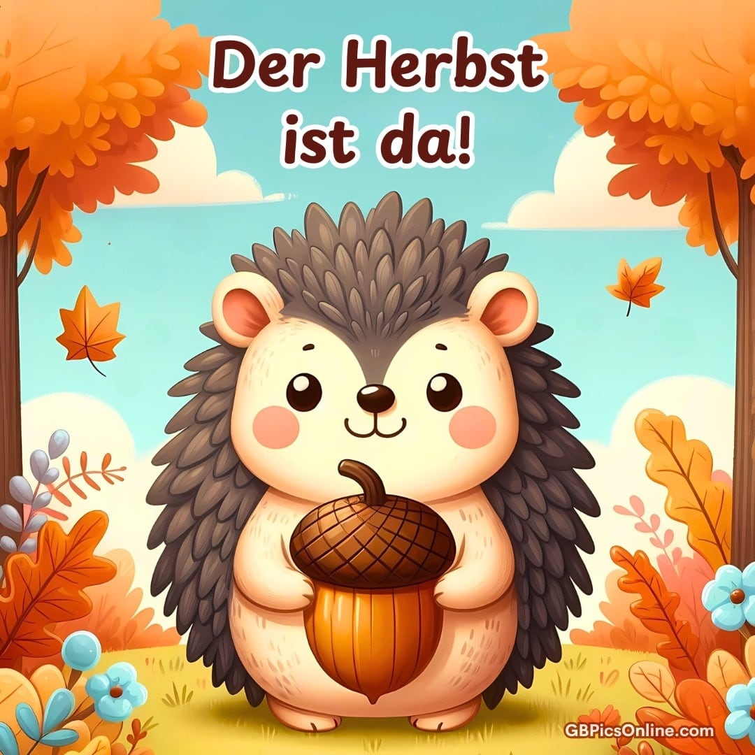 Ein niedlicher Igel hält eine Eichel. Herbstlaub und Blumen umgeben ihn