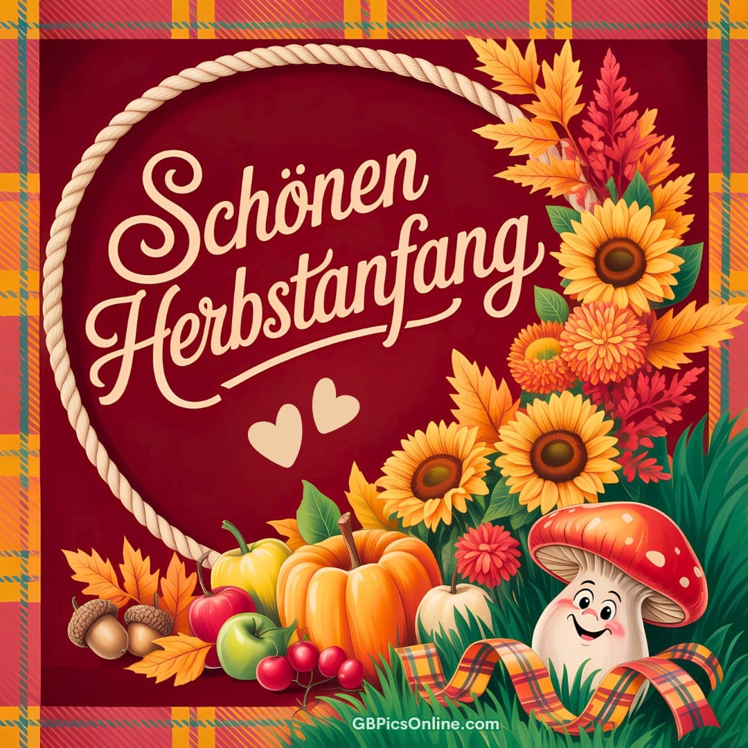 Farbenfrohe Herbstillustration mit Blumen, Kürbissen und Pilz. „Schönen Herbstanfang“ steht zentral