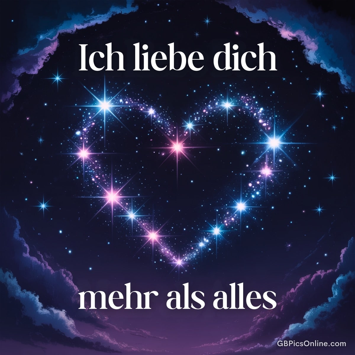Leuchtender Sternenhimmel in Herzform mit dem Text „Ich liebe dich mehr als alles“