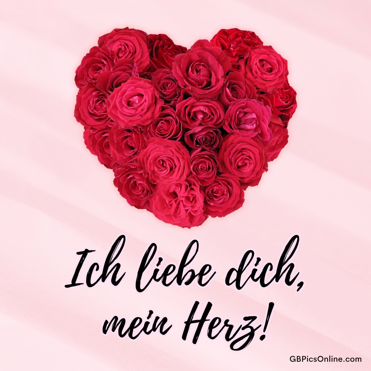 Rotes Rosenherz auf rosa Hintergrund mit dem Schriftzug „Ich liebe dich, mein Herz!“
