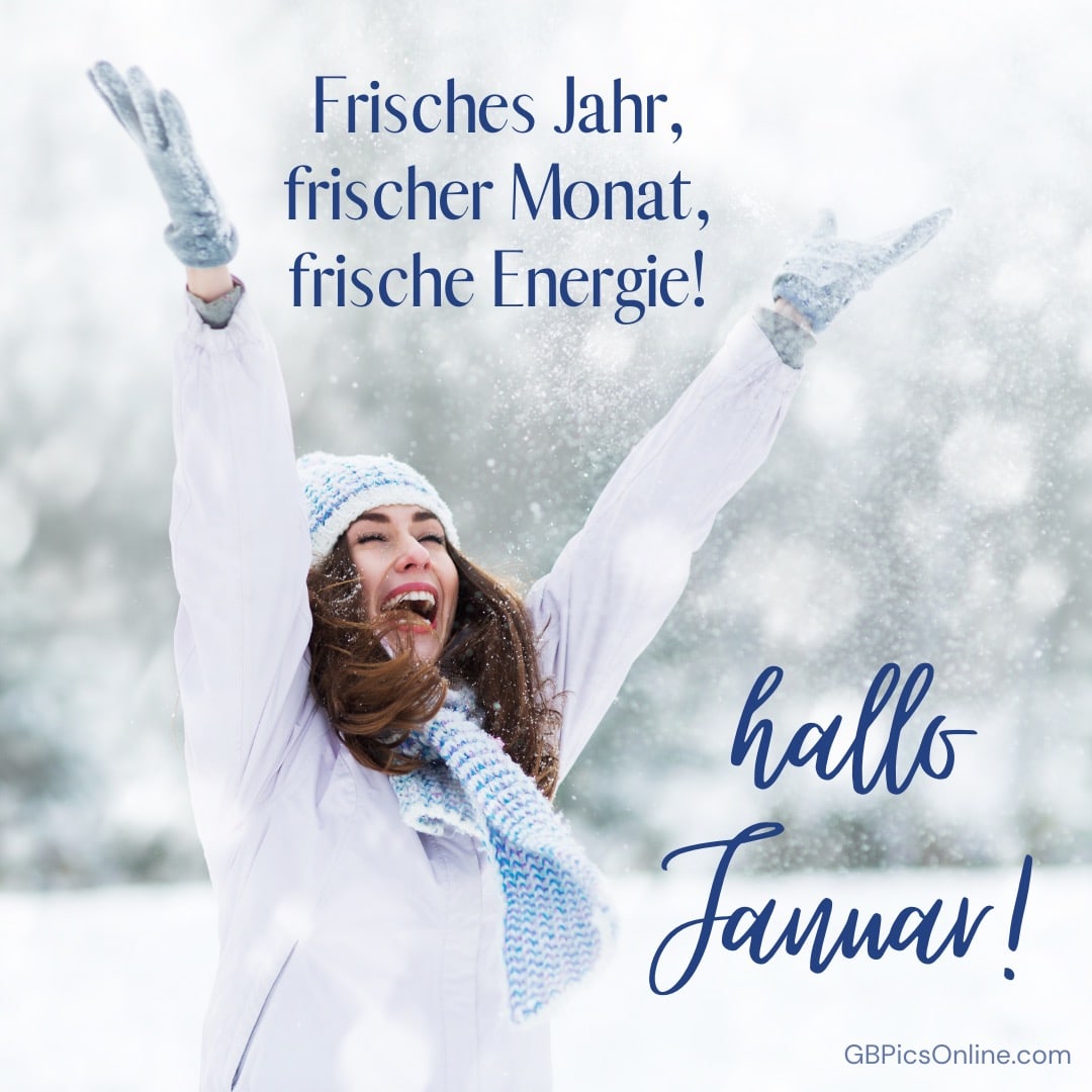 Frau im Schnee jubelt mit Text „Hallo Januar!“