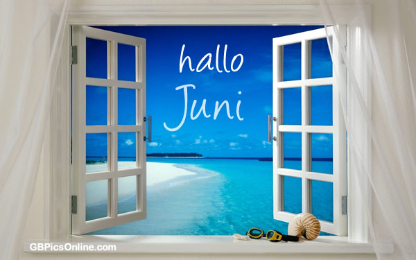 Fensterblick auf tropischen Strand mit „hallo Juni“ Schriftzug, Muschel und Brille