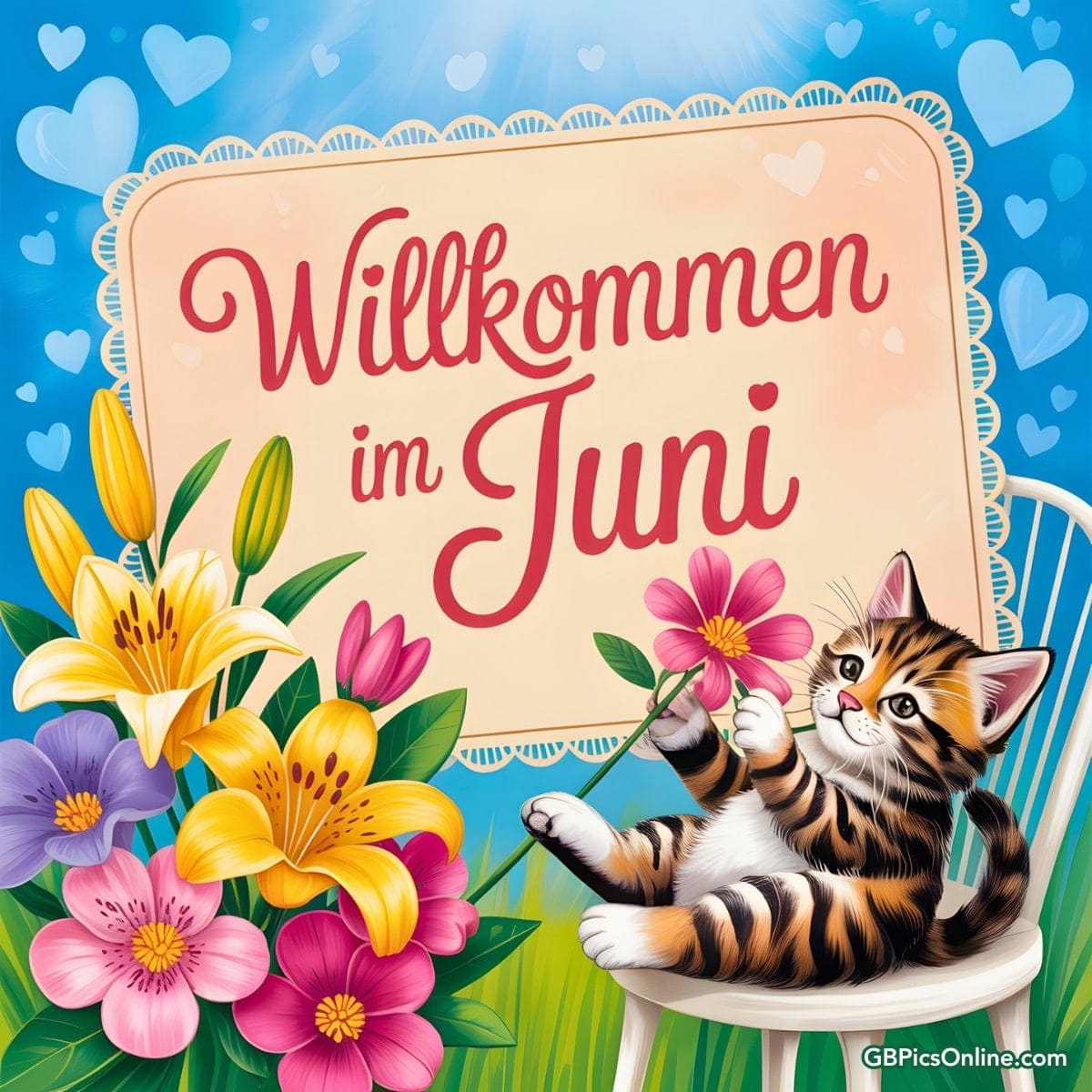 Ein Kätzchen hält eine Blume neben einem Schild mit „Willkommen im Juni“, umgeben von bunten Blumen und Herzen