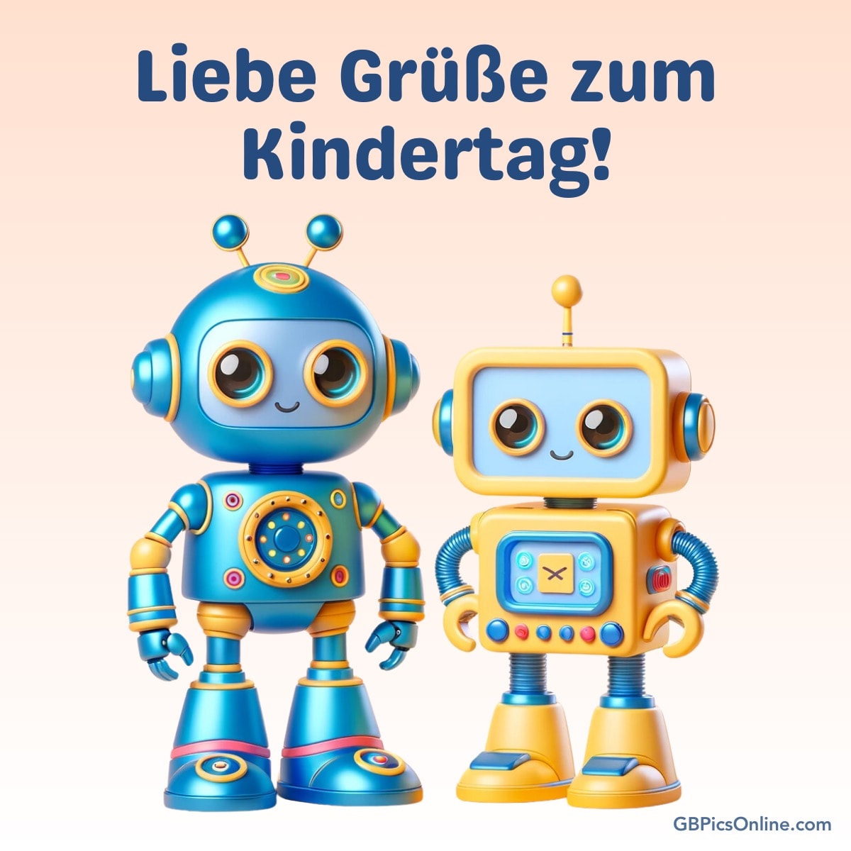 Zwei niedliche Roboter stehen nebeneinander, Text oben: „Liebe Grüße zum Kindertag!“