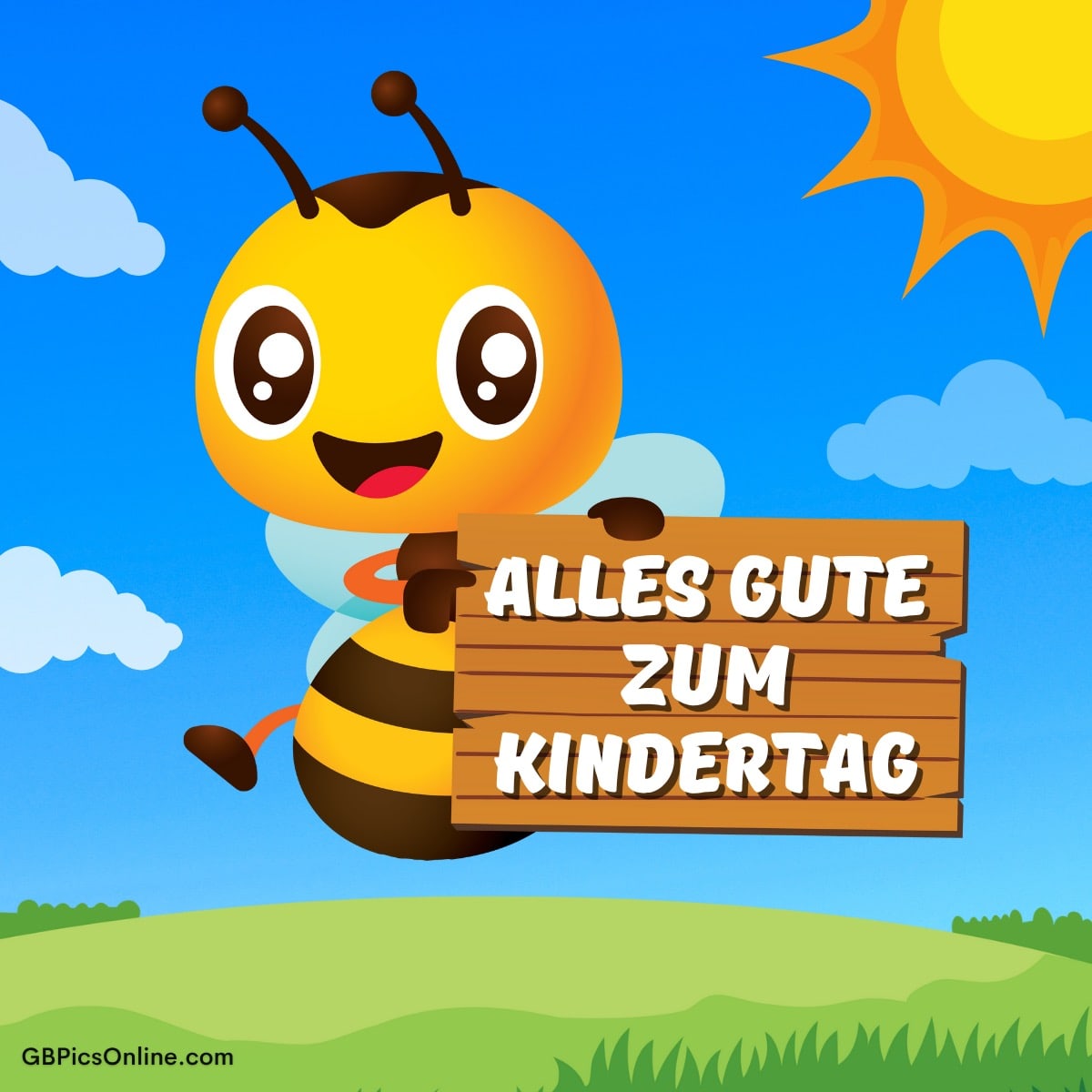 Eine fröhliche Biene hält ein Schild mit der Aufschrift „Alles Gute zum Kindertag“ bei Sonnenschein und Wolken
